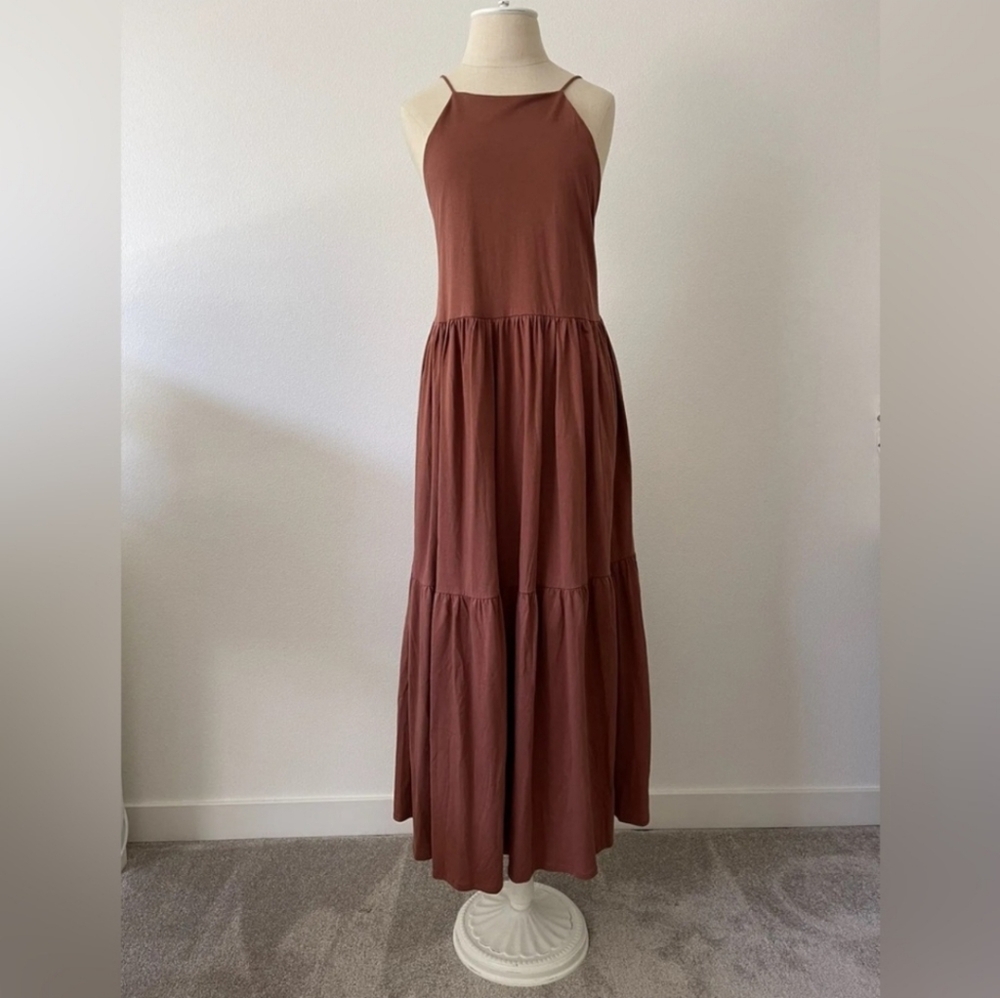 Zara 100% Cotton Brown Tiered Maxi Dress SummerSpring Coastal Cottagecore Size L